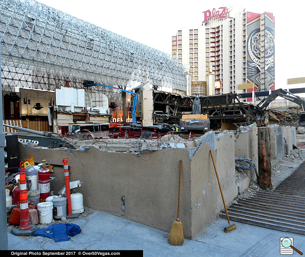 Click here to enlarge and see more detail.      Demolition equipment moves about the remnants of Mermaids and the Las Vegas Club in September of 2017. 